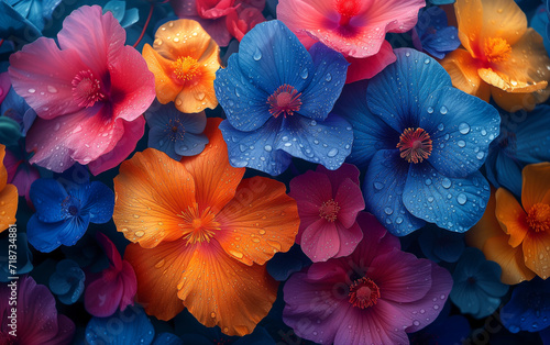 creative colourful background with vibrant blue pink orange coloured begonia flowers close-up. Drops of water on the petals. Picture for print.