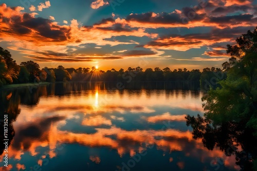 Spectacular sunset over Wing Lake in Bloomfield Township in Michigan