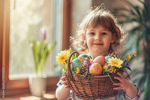 A delighted little child holds a basket of Easter eggs, wearing a headband with bunny ears, embodying the joy of spring