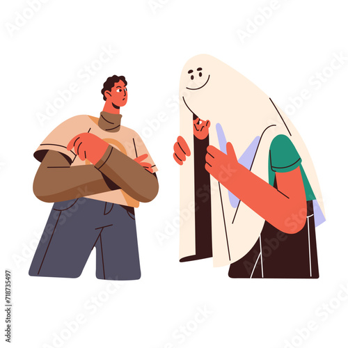 Liar pretends, friend disguises. Hypocrite hiding real face, emotions behind mask. Hidden impostor simulates fake friendship. Hypocrisy concept. Flat isolated vector illustration on white background