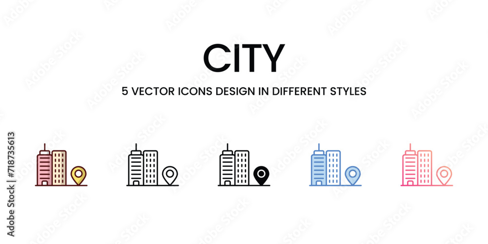 City icons set isolated white background vector stock illustration.