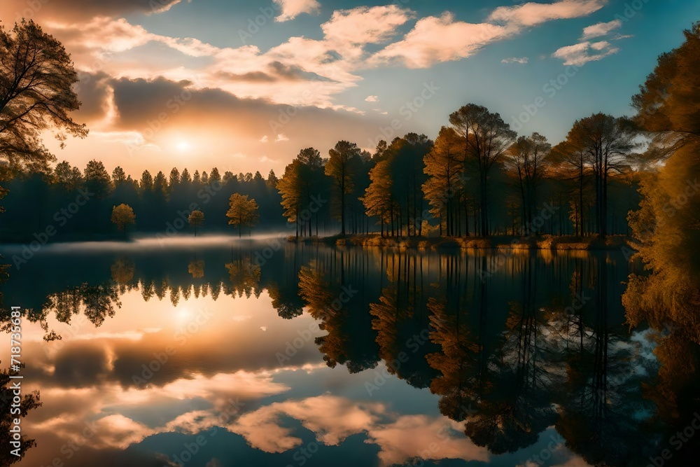 Glow of sunrise on partly clouded day over tree lined lake with reflection