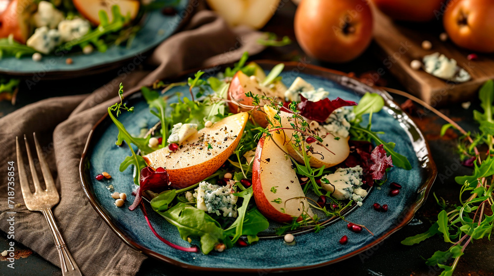 salad with dorblu cheese and pear. Selective focus. salad with dorblu cheese and pear. Selective focus.