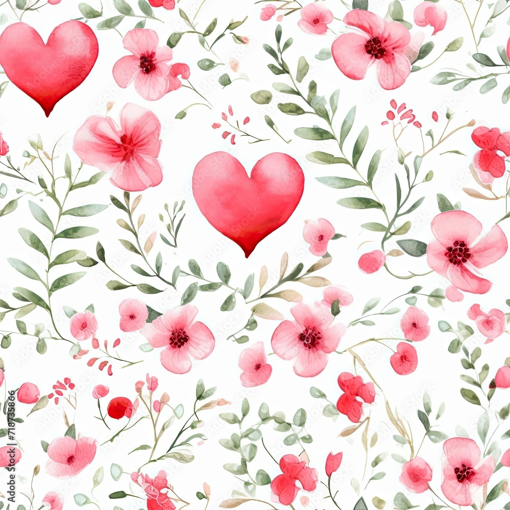Watercolor Painting of Flowers and Hearts on White Background