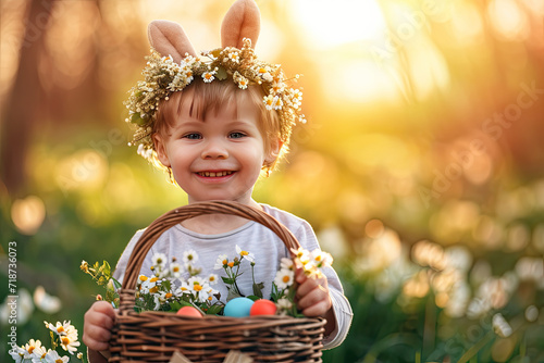 A delighted little child holds a basket of Easter eggs, wearing a headband with bunny ears, embodying the joy of spring
