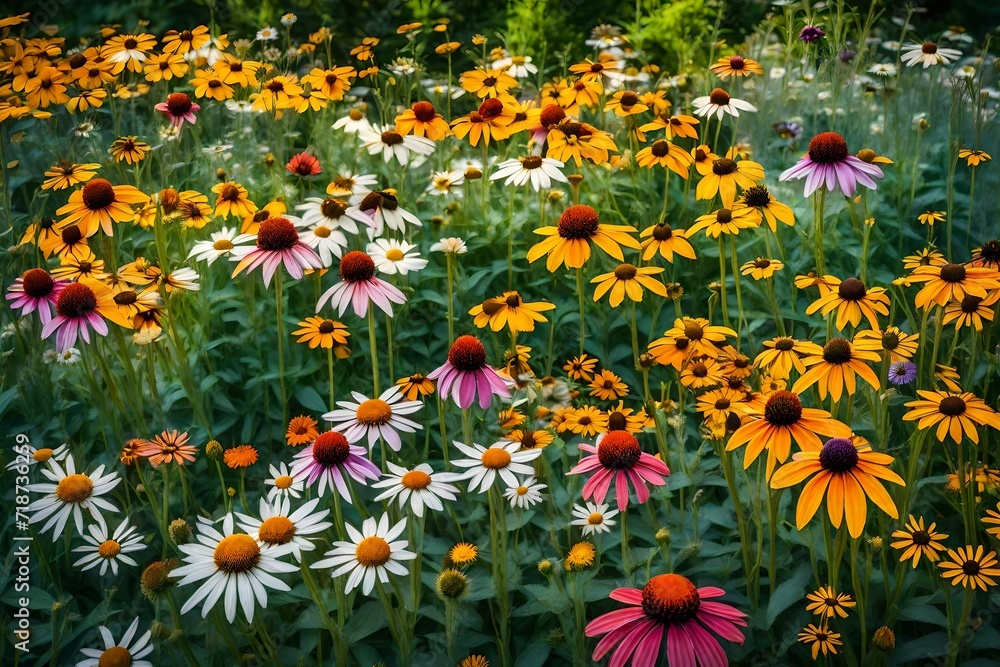 Colorful flowerbed in a park with rudbeckia, echinacea, sage and daisy flowers.