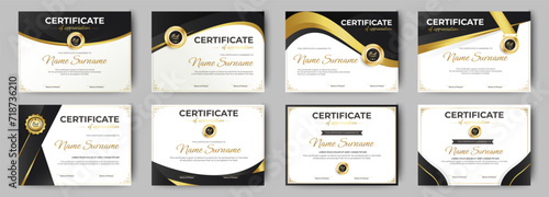Black and Gold certificates template design. eight horizontal diploma certificates. vector