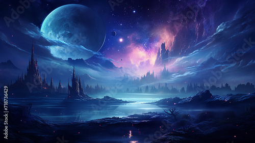 Fantasy landscape with stony planet and moon. 3d rendering photo