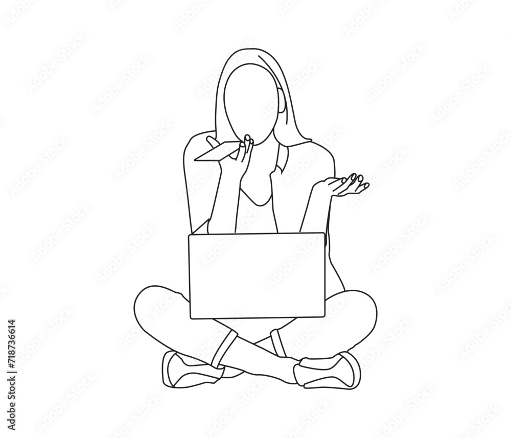 Vector drawing of woman using laptop continuous line art Vector drawing of woman using laptop continuous line art
