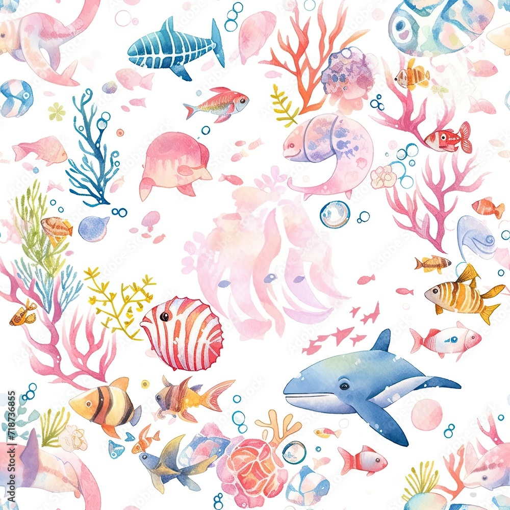 Watercolor Painting of Various Sea Animals Watercolor Painting of Various Sea Animals