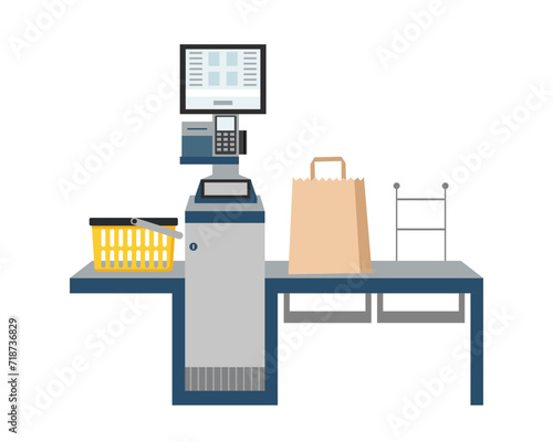 Self-service checkout in the supermarket isolated on white. Self-service terminal. Contactless payment.