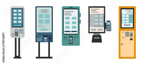 Set of kiosks for self-odering and self payment. Interactive kiosks in flat style isolated on white.	
