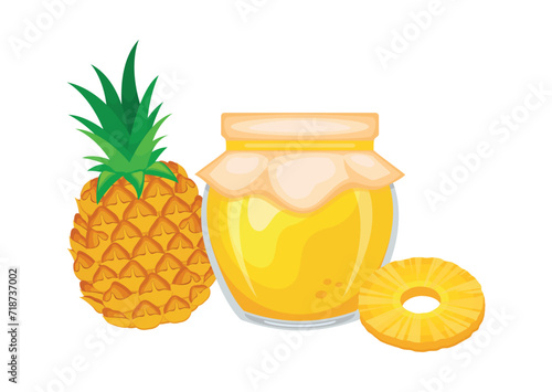 Pineapple jam in glass jar and fresh pineapple fruit vector illustration. Glass of pineapple marmalade design element. Pineapple jam jar icon set isolated on a white background