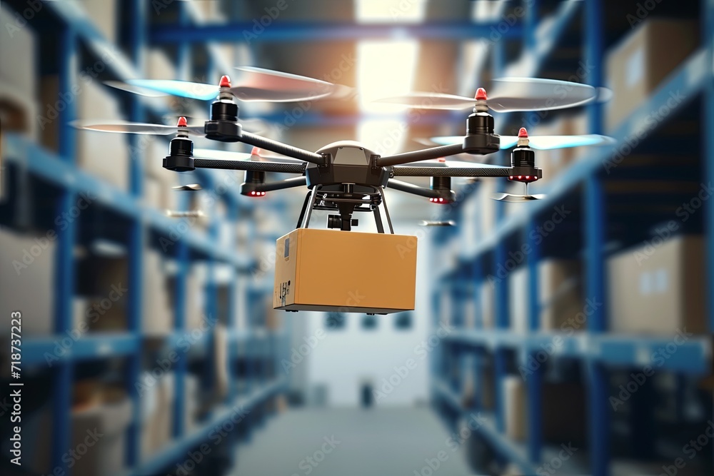 Futuristic technology, package drones electric apparatus. Robotic efficiently transport packages, innovative traffic solutions. Cardboard boxes fabrication for modern pack delivery business operation Futuristic technology, package drones electric apparatus. Robotic efficiently transport packages, innovative traffic solutions. Cardboard boxes fabrication for modern pack delivery business operation