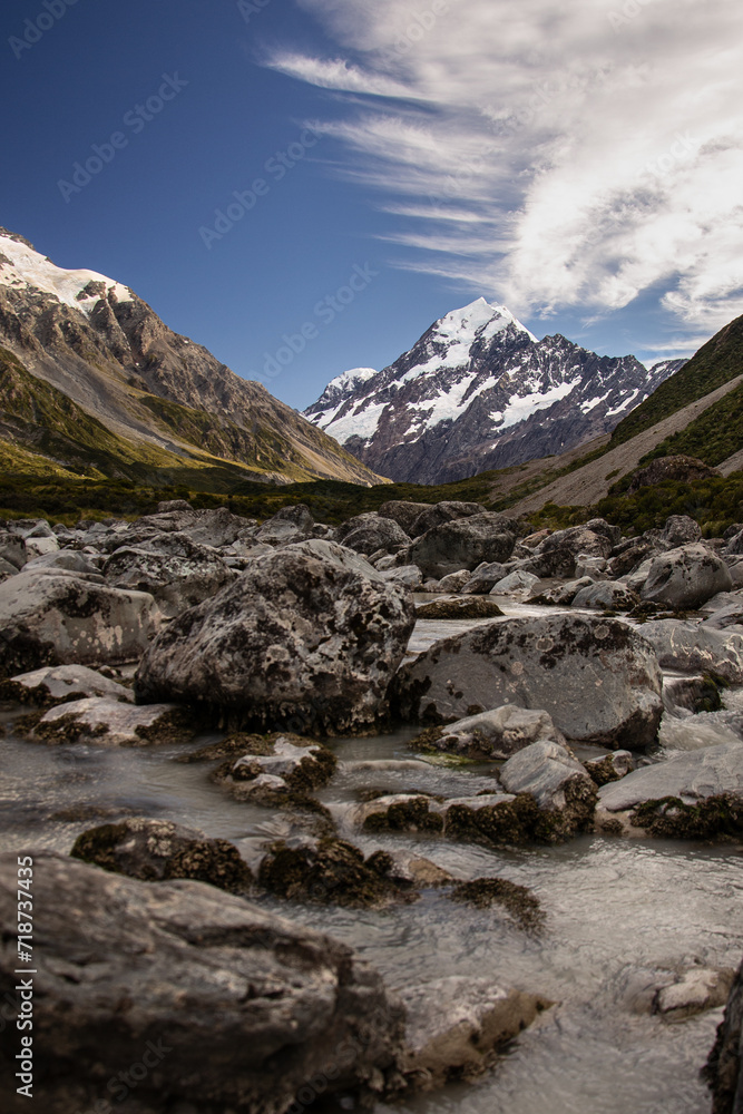 Mount Cook Mountain from the Hooker Valley Track, glacial river in the foreground