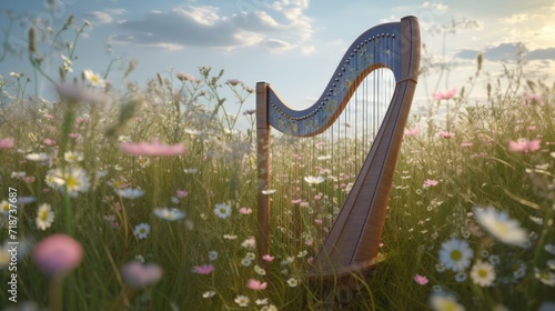 Harp in a colorful field. Generative AI photo