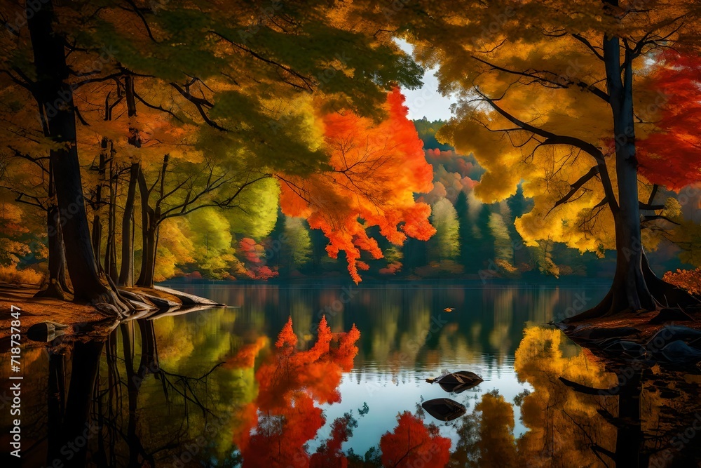 Surface of a freshwater lake located in Ludington State Park. The shot is framed by a beautiful maple tree in full autumn colors