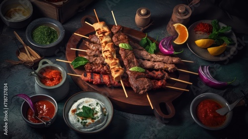 selection of various kebab on skewers with sauces. Generative AI