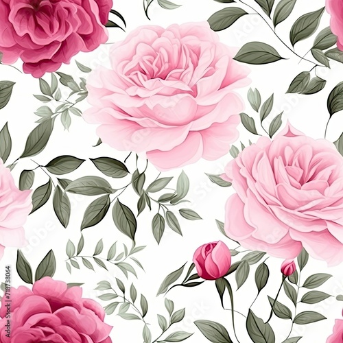 White Background With Pink Flowers and Leaves for Seamless Patterns