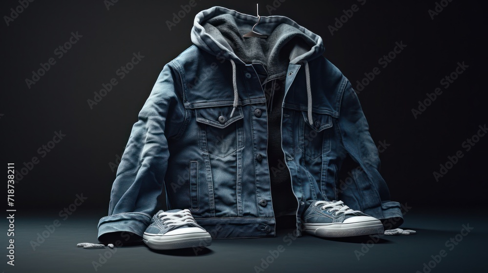 Causal clothing denim jacket and shoes. Generative AI - obrazy, fototapety, plakaty 