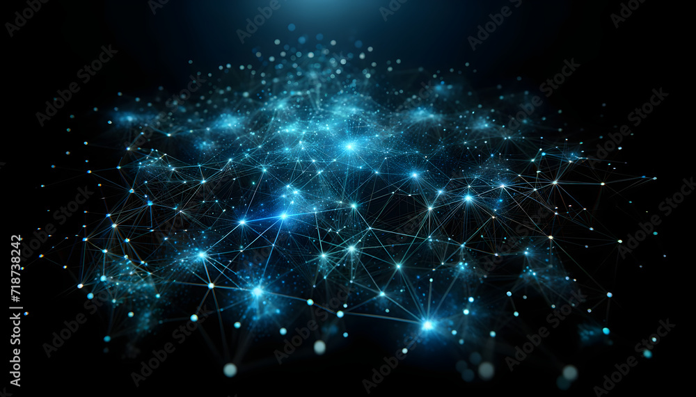 Blue glowing data nodes in a vast cyber network.
Generative AI.