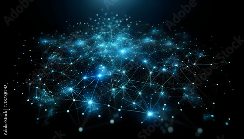 Blue glowing data nodes in a vast cyber network. Generative AI. © Baria
