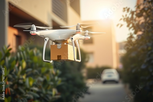 Futuristic technology, package drones electric apparatus. Robotic efficiently transport packages, innovative traffic solutions. Cardboard boxes fabrication for modern pack delivery business operation