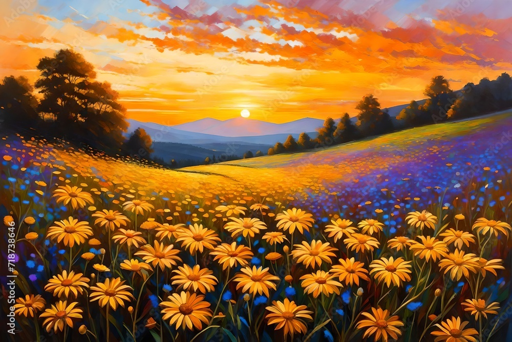 Oil painting yellow- golden daisy flowers in fields. Sunset meadow landscape with wildflower, hill and sky in orange and blue violet color background