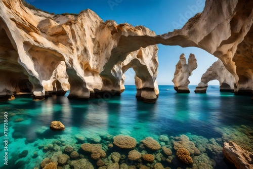 Natural rocky arches with clear transparent waters in Kleftiko, Milos island, Cyclades, Greece