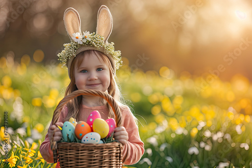 A delighted little child holds a basket of Easter eggs, wearing a headband with bunny ears, embodying the joy of spring