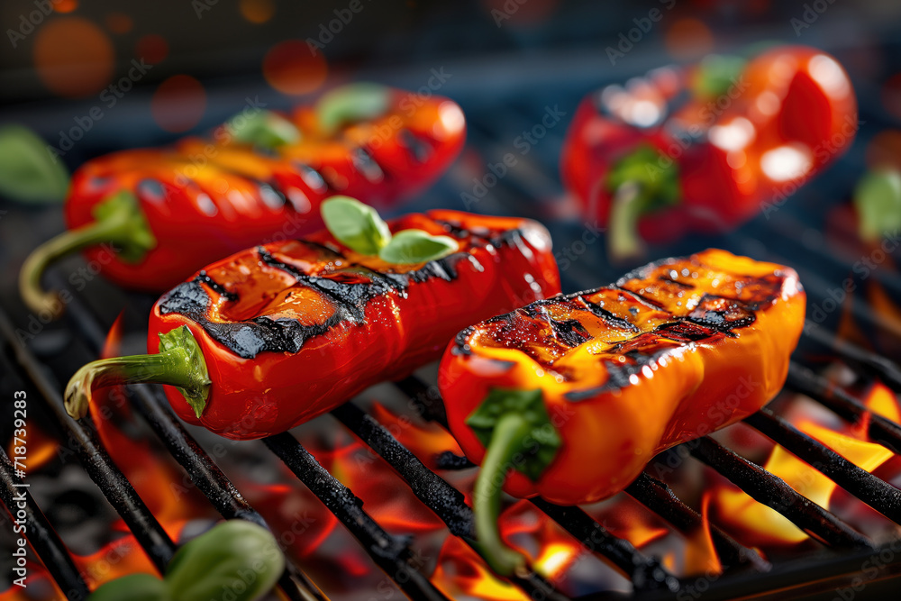 Assorted bell peppers on barbecue grill