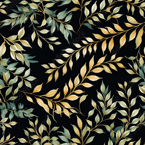 Seamless Pattern of Yellow and Green Leaves on Black Background