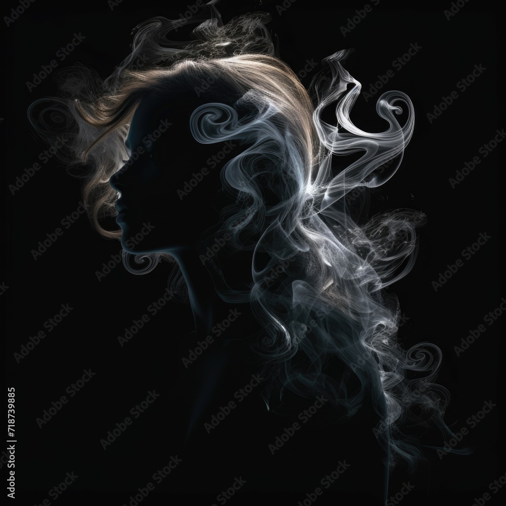 Black and white portrait of beautiful woman made from smoke cigarette, Retro style noir poster portrait 