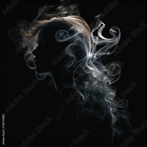 Black and white portrait of beautiful woman made from smoke cigarette, Retro style noir poster portrait 