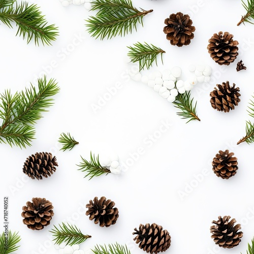 Pine Cones and Snow on White Background - Seamless Pattern With Natural Winter Elements
