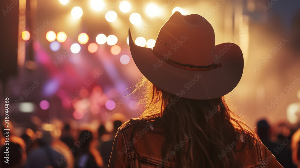 Back view of a young american woman fan of country music attending a country music concert wearing a cowboy hat and copy space Back view of a young american woman fan of country music attending a country music concert wearing a cowboy hat and copy space