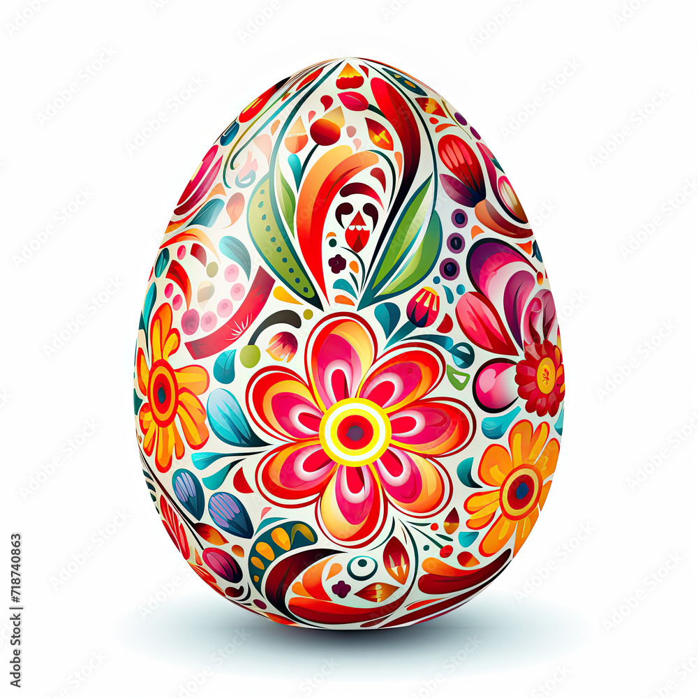 Elegant Easter egg with ethnic floral ornament on a clean white background, symbolizing festive artistry Elegant Easter egg with ethnic floral ornament on a clean white background, symbolizing festive artistry