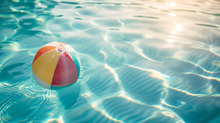 Summer holidays background with colorful beach ball floating on luxury swimming pool and copy space