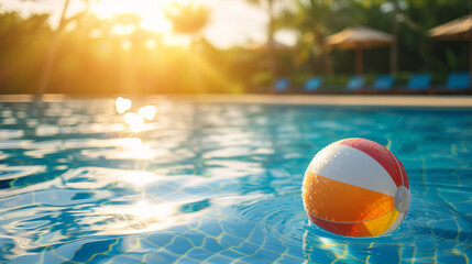 Summer holidays background with colorful beach ball floating on luxury swimming pool and copy space