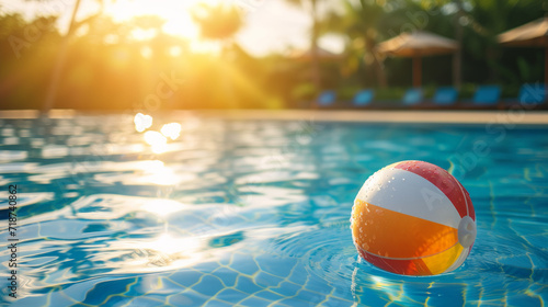 Summer holidays background with colorful beach ball floating on luxury swimming pool and copy space photo