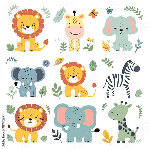 cute cartoon safari animal set isolated on white background, learning, nursery room, books, card designs