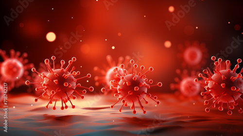 . Digital render of virus particles in red with a soft bokeh effect, reflecting the urgency and focus in medical research. 
