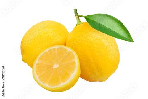 Lemon fruit and a half with leaves on transparent background png