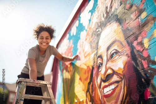 Artist Painting Vibrant Mural with Joyful Expression, Outdoor Art © Andrei