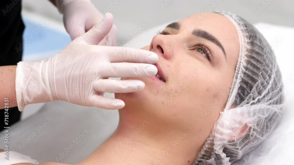 A cosmetologist makes injections into the lips of a beautiful girl. Procedure for lip augmentation, cosmetic services and injection plastic surgery. A cosmetologist makes injections into the lips of a beautiful girl. Procedure for lip augmentation, cosmetic services and injection plastic surgery.