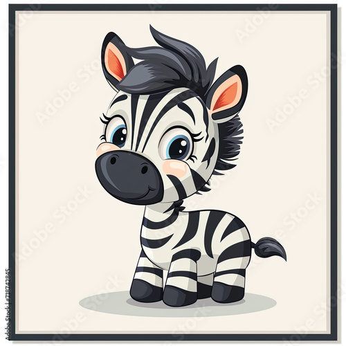 cute baby zebra illustration for kids nursery room in a frame
