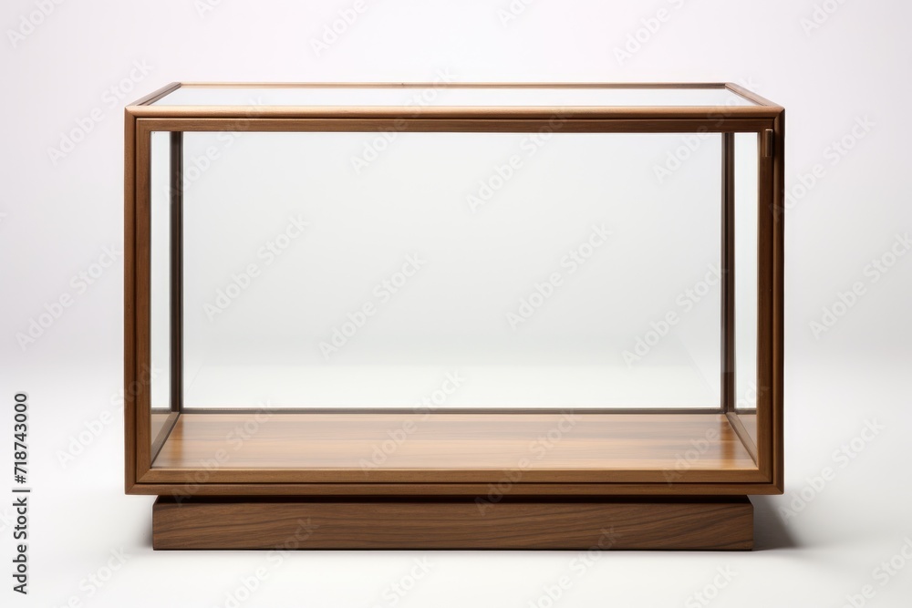 Glass showcase. A cube made of glass and wood on a white background. Glass showcase. A cube made of glass and wood on a white background.