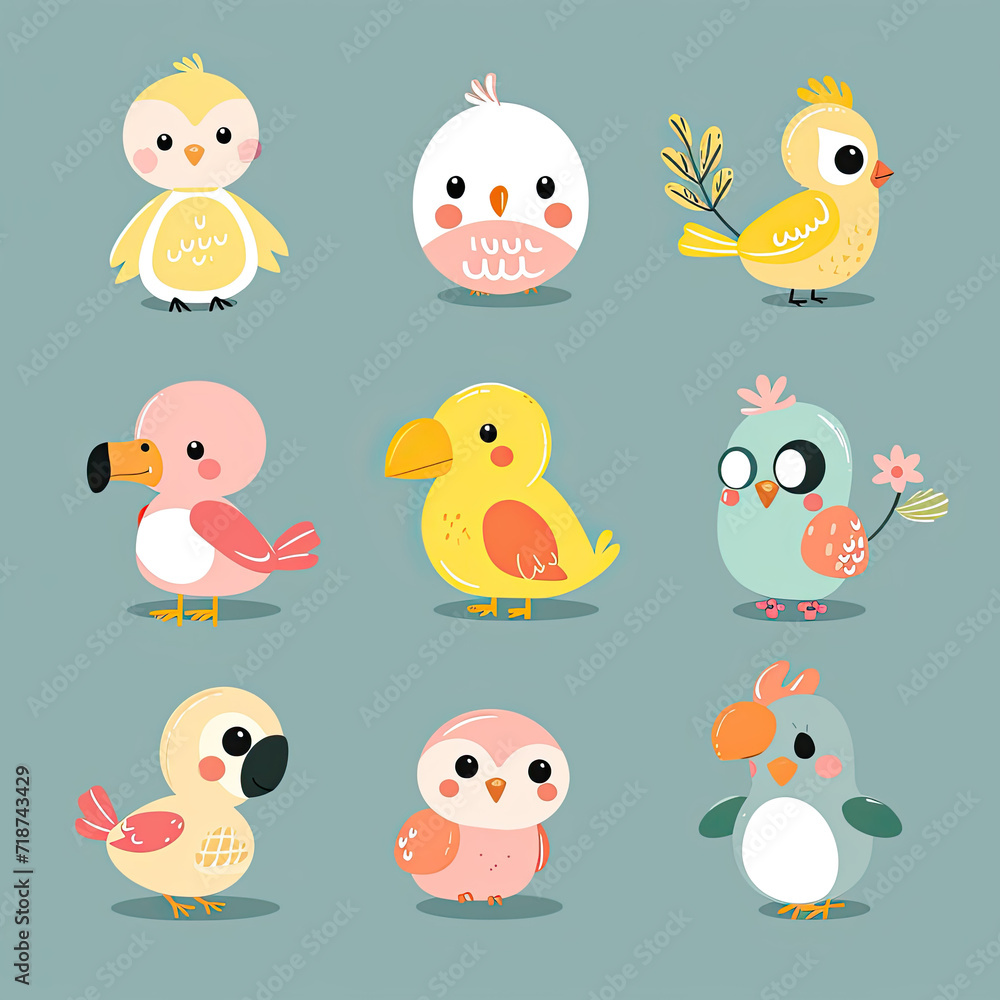 illustration of cute set of tropical and city birds in pastel theme of colors, kids nursery, learning nooks, cards with blue background illustration of cute set of tropical and city birds in pastel theme of colors, kids nursery, learning nooks, cards with blue background