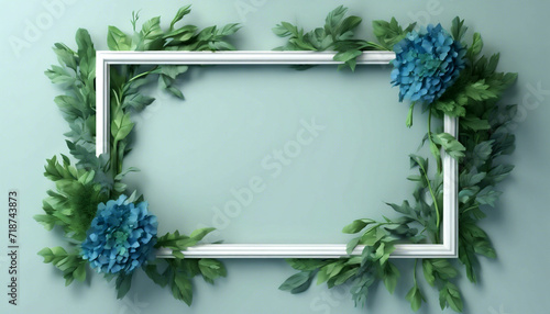 Cornice di Vegetazione- Modello con Bouquet di Rametti e Foglie Verdi e fiori Blu IV photo