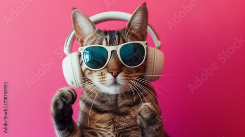 Cute ginger cat in headphones on a pink background 